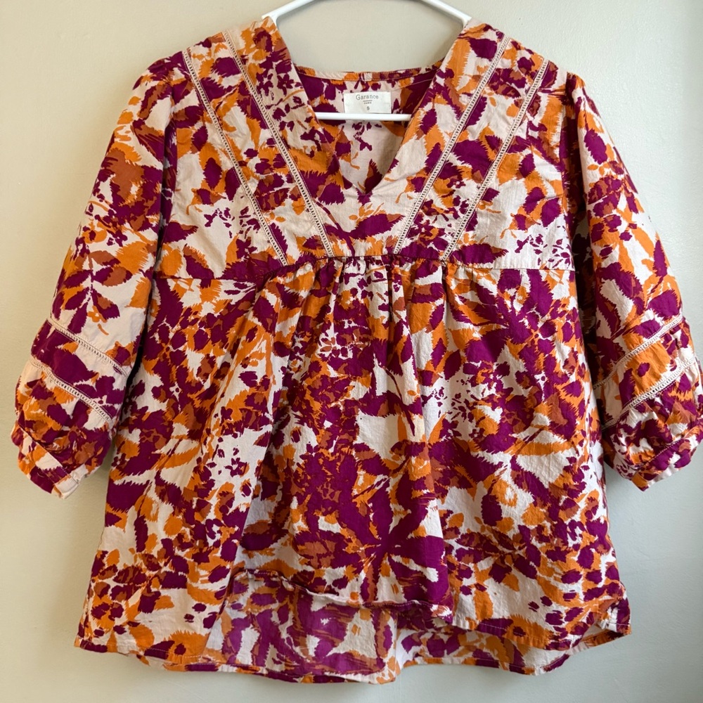 Garance Paris Boho Floral Peasant Blouse Lace Crinkle Top Cream Orange Pink Sm